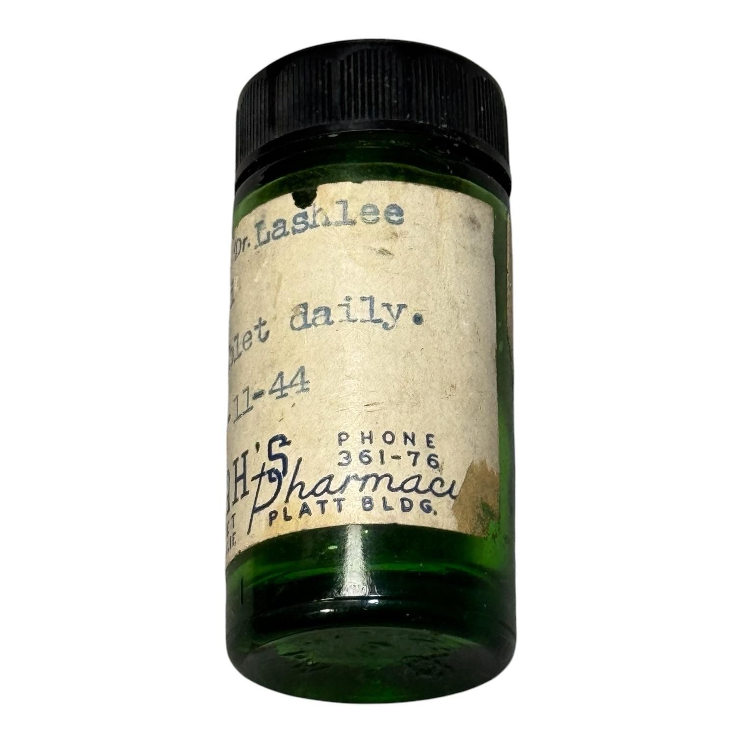 Vintage 1944 Darrah’s Pharmacy Green Glass Prescription Bottle San Bernardino CA