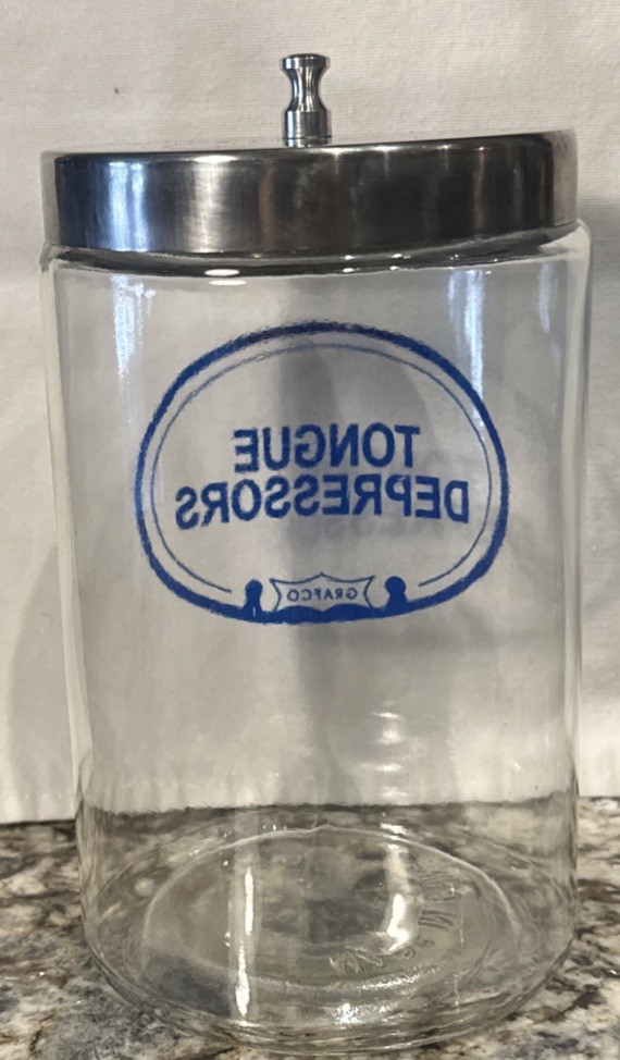 Grafco Medical Apothecary Glass Jar Stainless Lid Blue Letters Tongue Depressors
