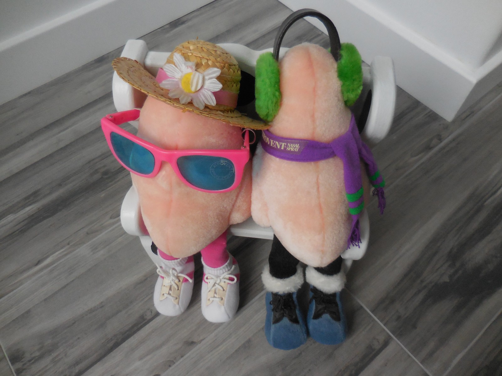 Atrovent Nasal Spray Plush Advertising Promo Giant Noses on Bench Earmuffs Scarf