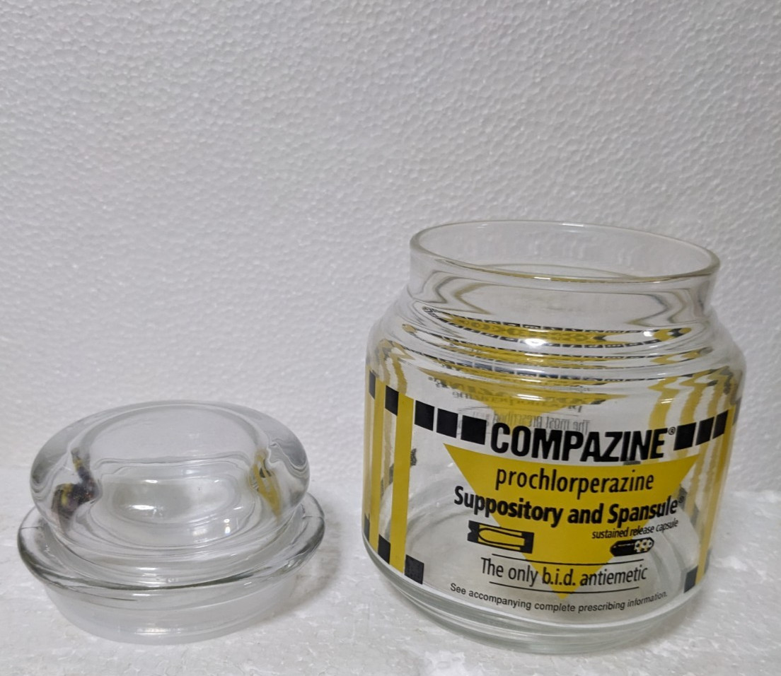 Compazine Glass Apothecary Jar Canister Pharmaceutical Rep Discontinued Empty