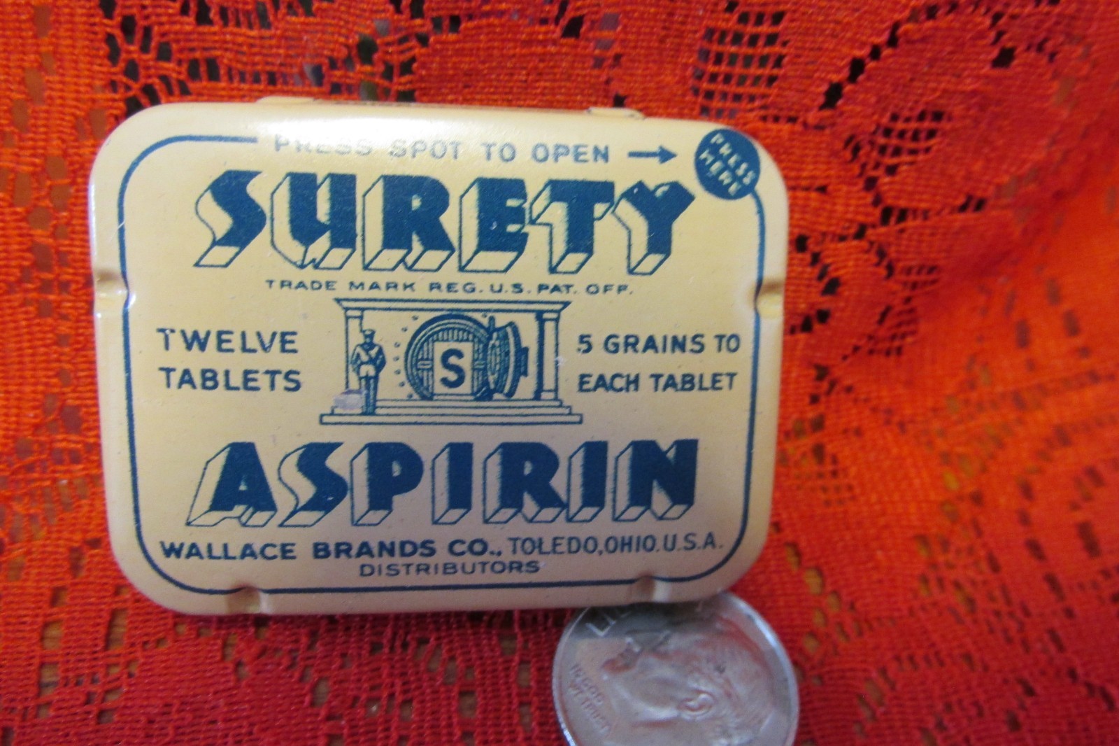 Vintage Metal Surety Aspirin tin Box Wallace Brands Co. USA full