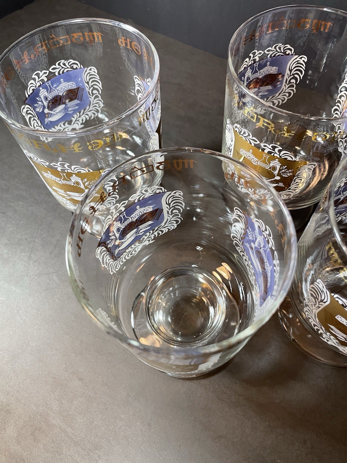 4 MCM Apothecary Pharmacy Medical Rx Gold Trim Footed Bar Drinking Glasses