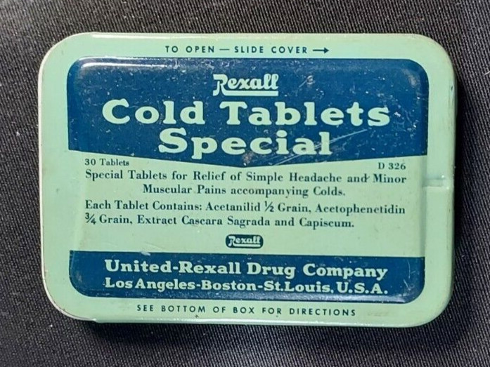 Old EMPTY Medicine Tin Rexall Cold Tablets Special United Rexall Drug Co Boston