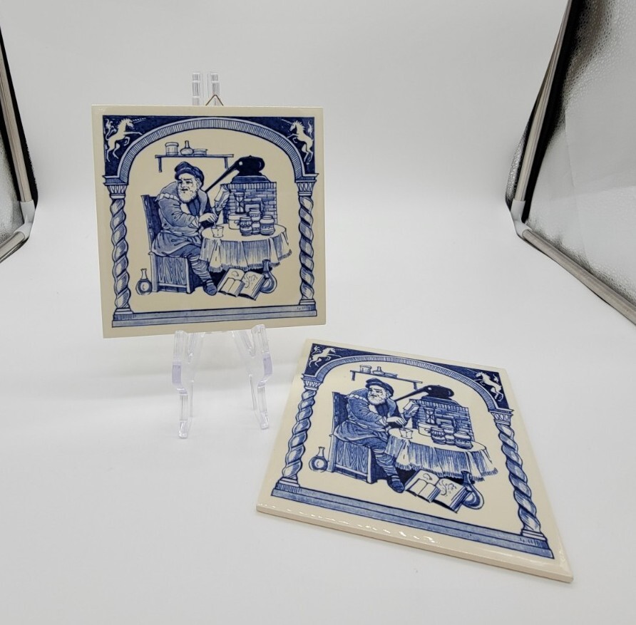 2 Delft Holland Pill Tile for Burroughs Welcome Co. 17th Century The Pharmacist