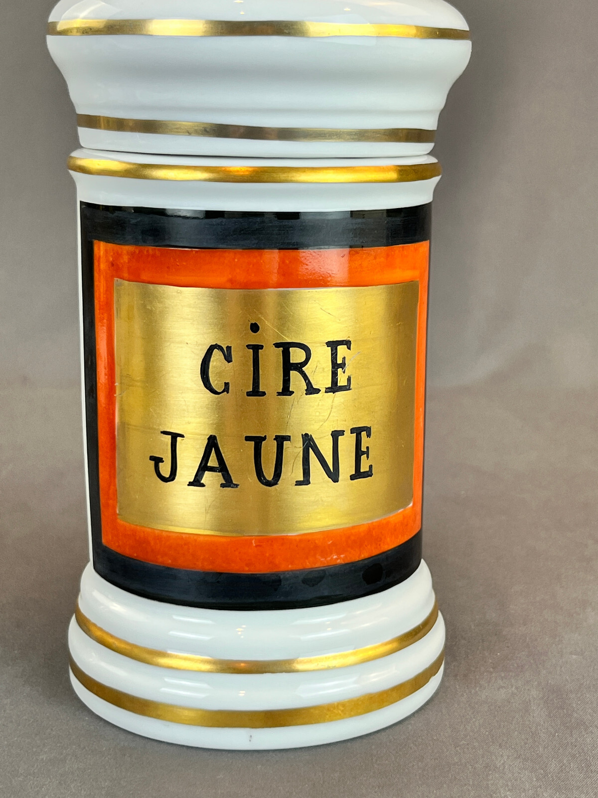 Vintage French Porcelain 7 ½” CIRE JAUNE (Yellow Wax) Apothecary Jar by D.T.