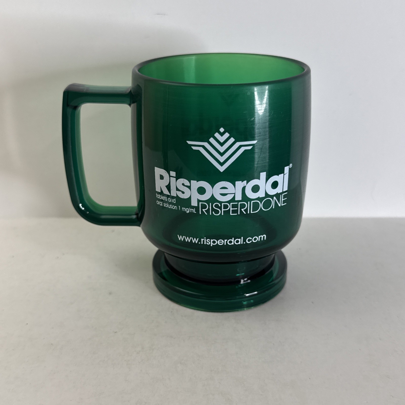 Risperdal Risperidone Drug Rep Hard Plastic Mug Green Coffee Cup VINTAGE EUC