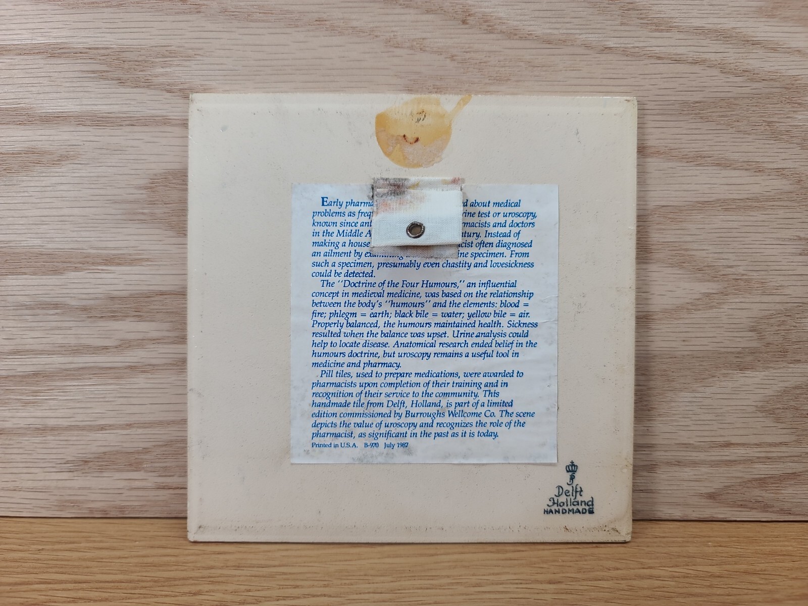 Delft Holland Handmade Urine Test Tile July 1987 B-970 Burroughs Wellcome Co.