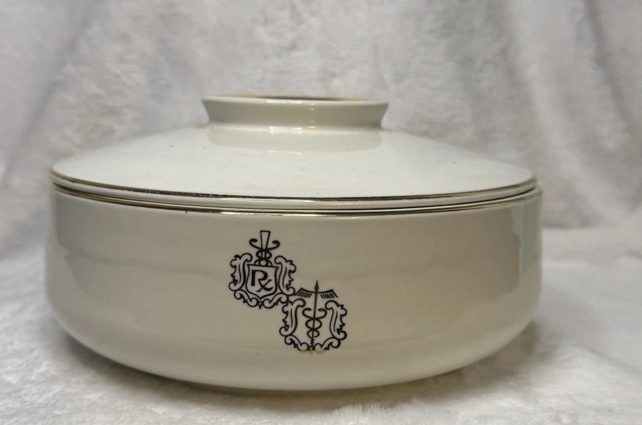 Vintage Apothecary RX Pharmacy Covered Dish Medical Crest Lidded Bowl Gold Trim