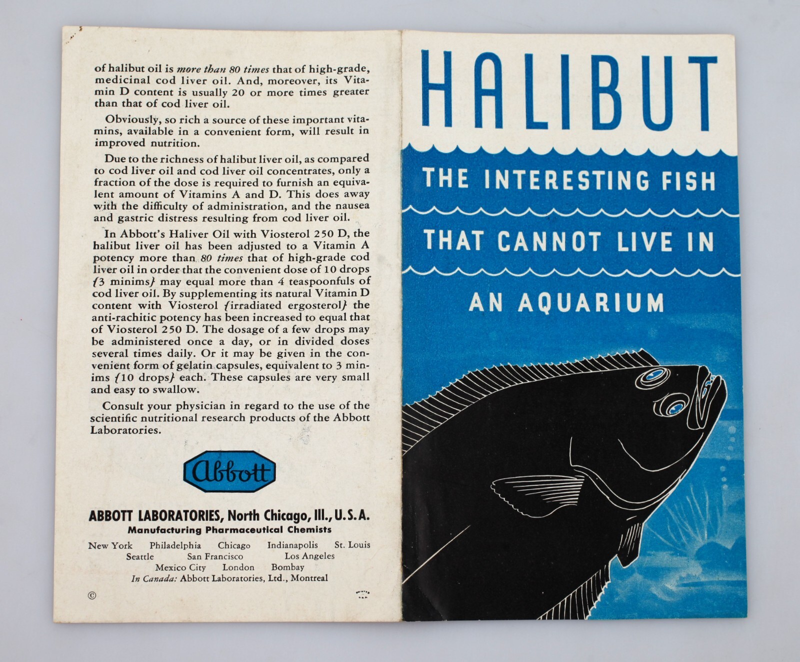 Vintage Abbott Labs Advertising Brochure Haliver Oil Halibut Interesting Fish