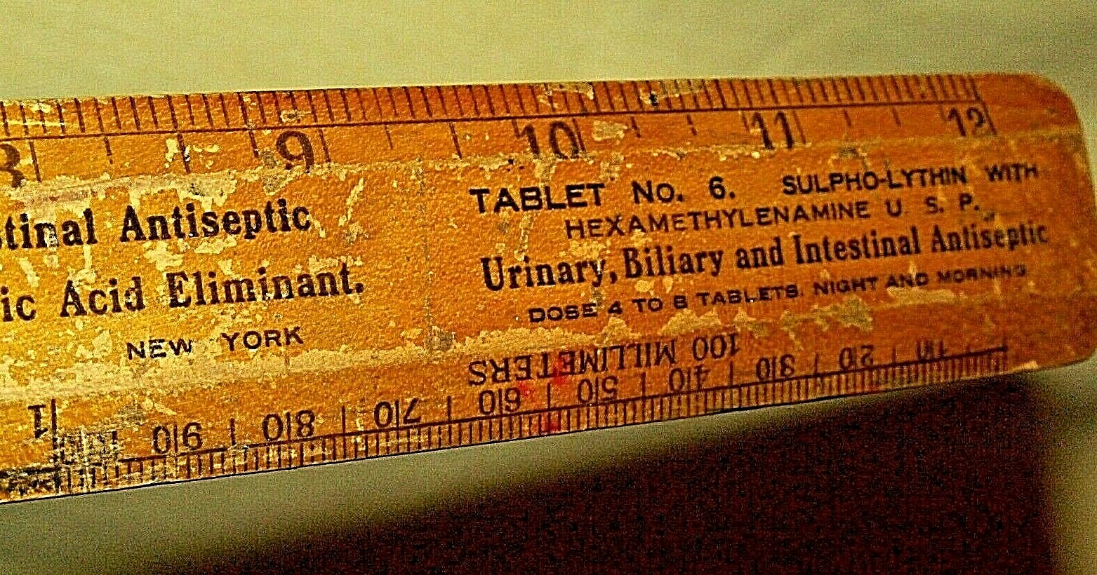 SULPHO LYTHIN RULER VINTAGE WOOD RULE LAINE CHEMICAL NY 12 INCH CM OBSTETRICAL.