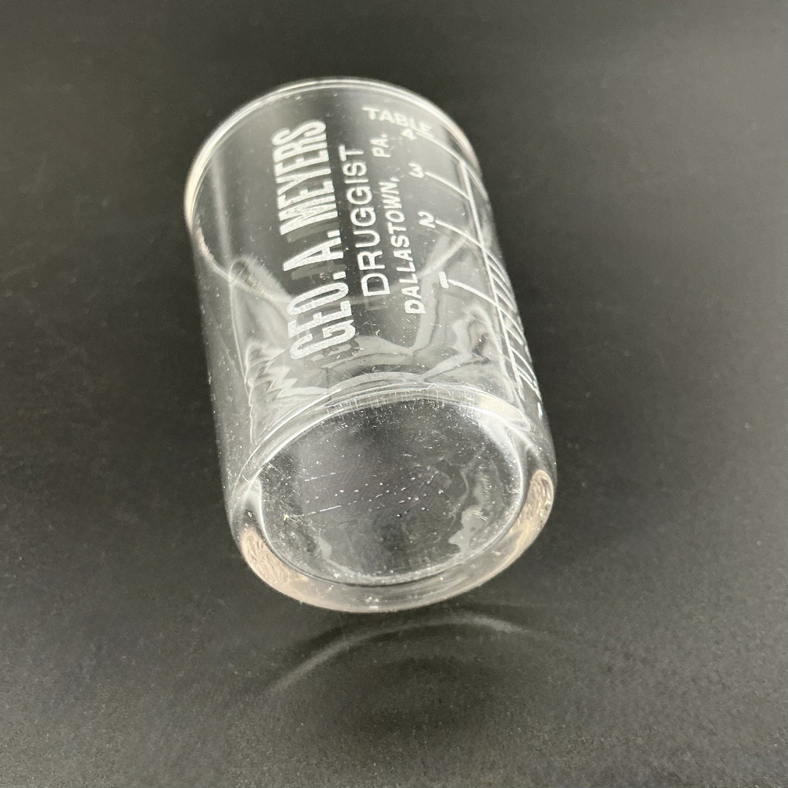 Advertising Medicine Dosing Cup Glass Geo. A Meyers Druggist Philadelphia