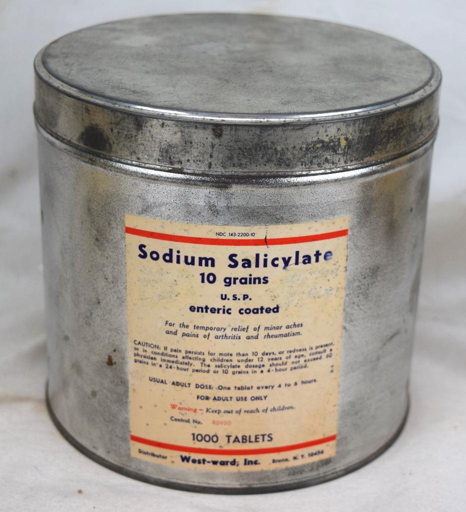 Vintage Empty West-Ward Inc. Sodium Salicylate 1000 Tablets Metal/Tin Can