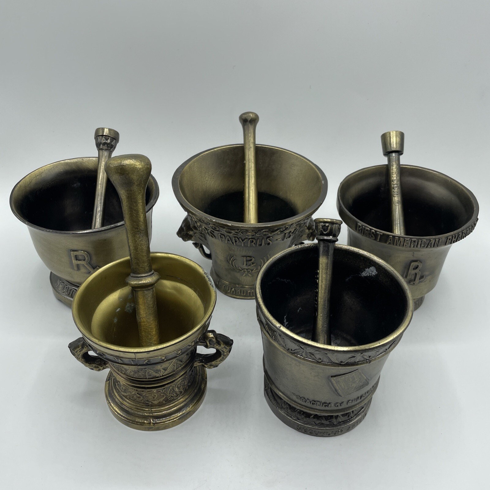 VTG Mortar & Pestle Lot of 5 Decorative Brass Apothecary Pharmacy Pill Grinder