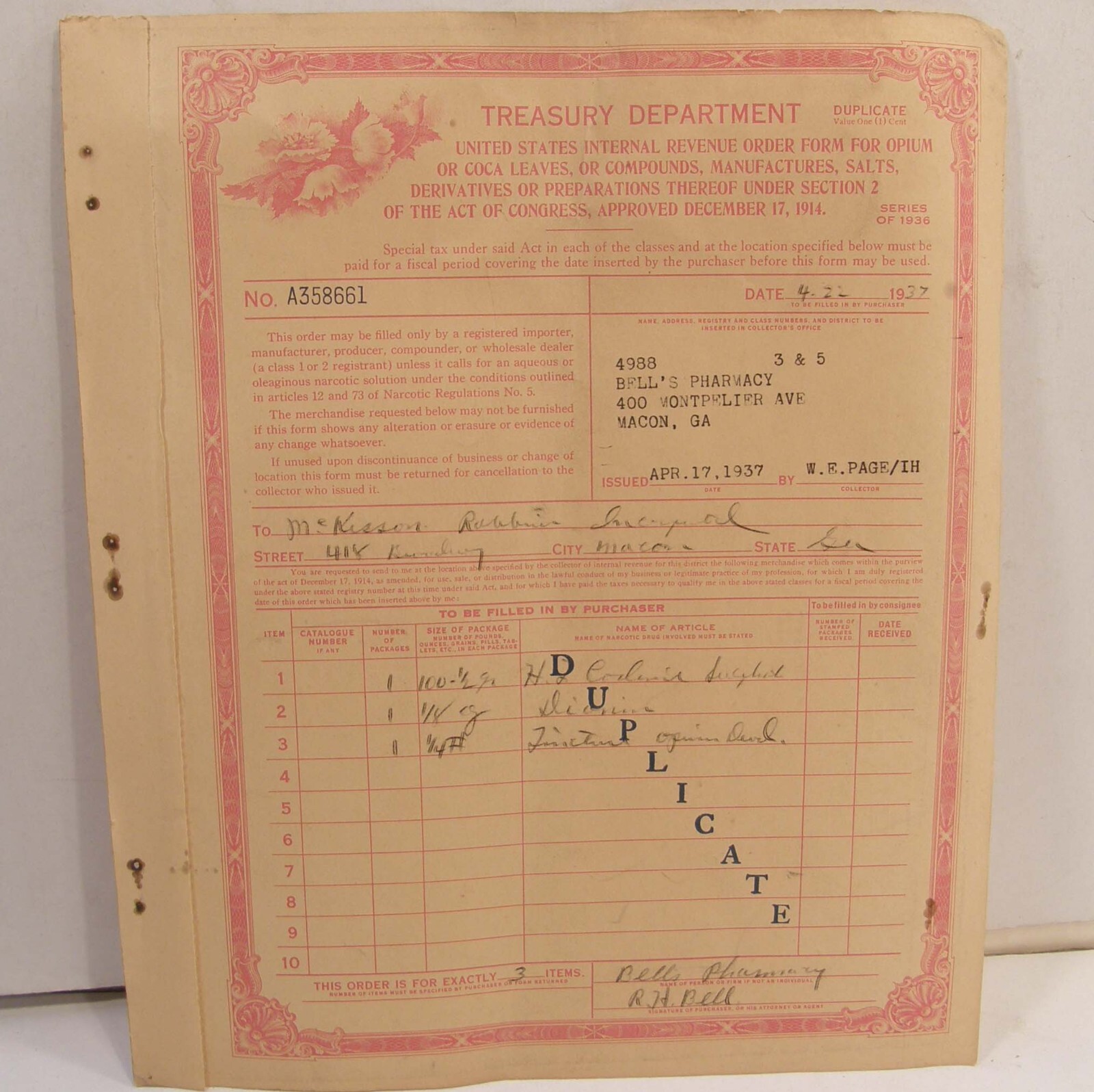 VINTAGE 1936 US TREASURY DEPT REVENUE FORM COCA LEAVES OR OPIUM MACON GEORGIA