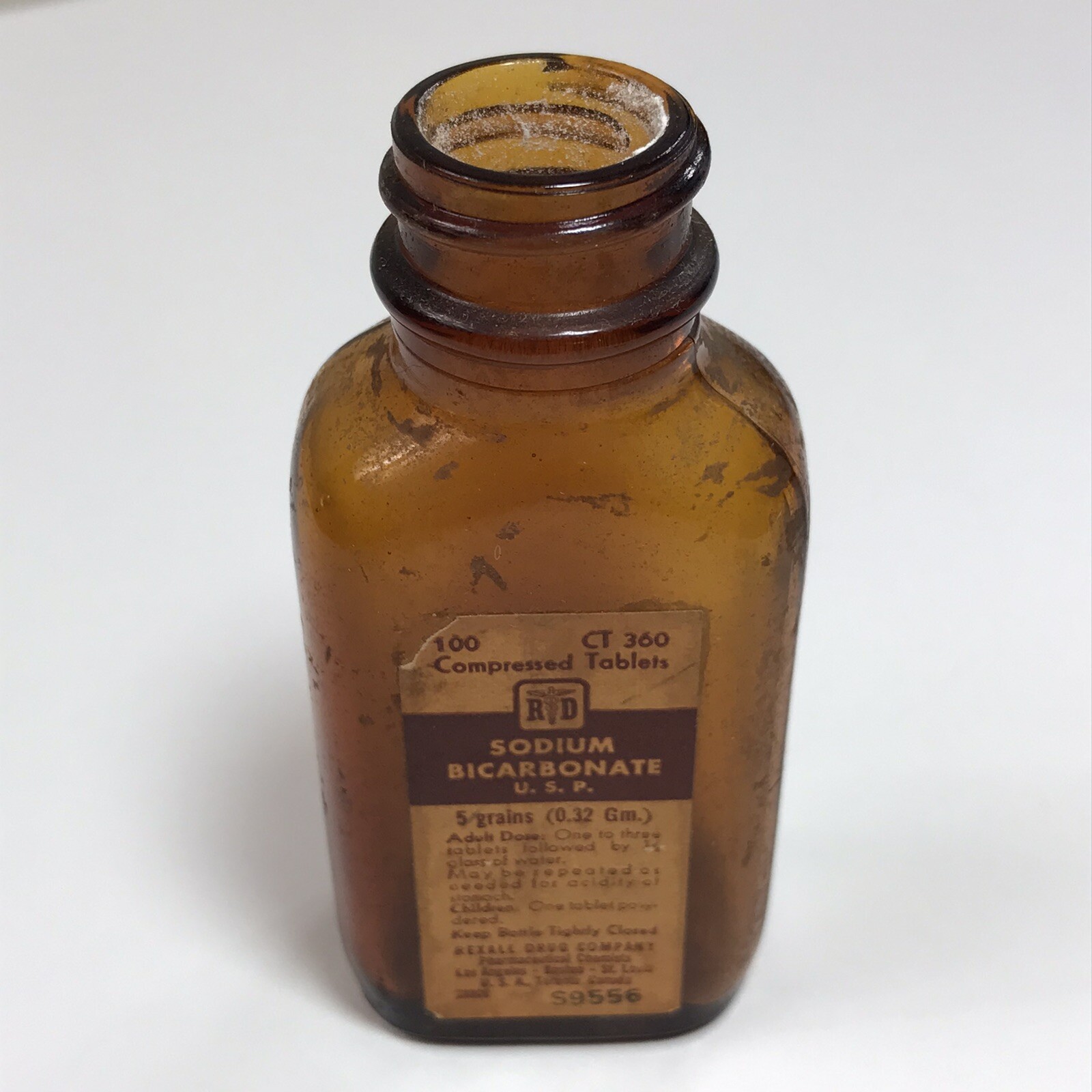 VINTAGE Rexall Pharmacy Amber Apothecary Bottle for Sodium Bicarbonate Metal Cap