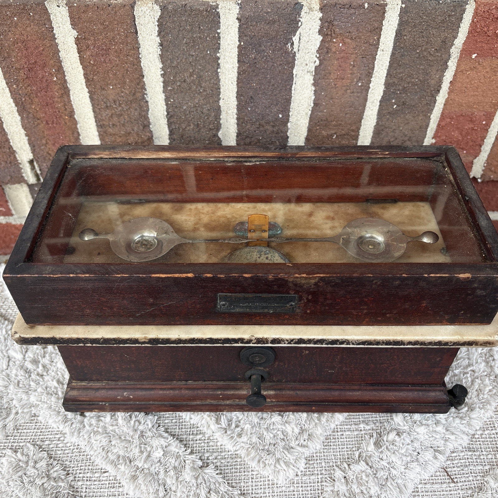 Antique Marble & Wood Apothecary Pharmacist Balance Gold Bouillon Scale Rustic
