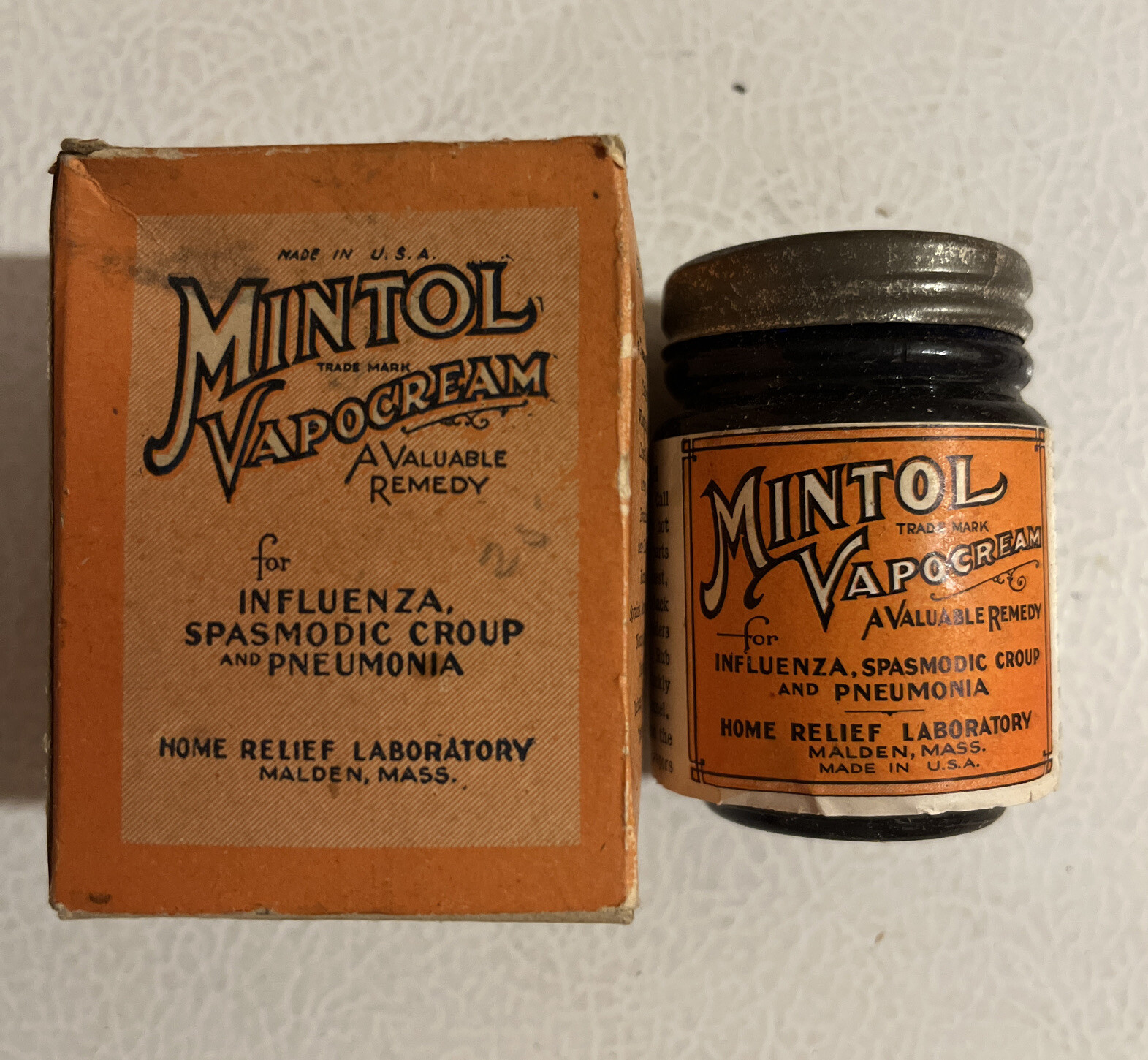 Vintage 1930s Mintol Vapor Medicine Cream Jar NOS Full Box Malden Ma
