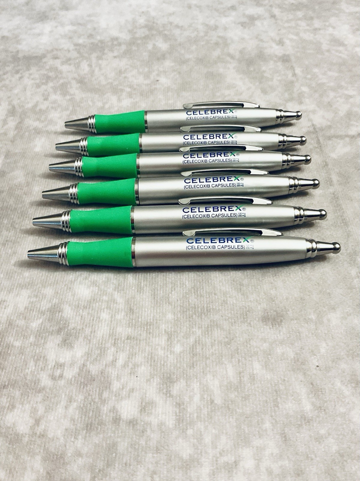 CELEBREX PHARMACEUTICAL REP PENS METAL SILVER GREEN GRIPS CHROME CLIP LOT OF 6