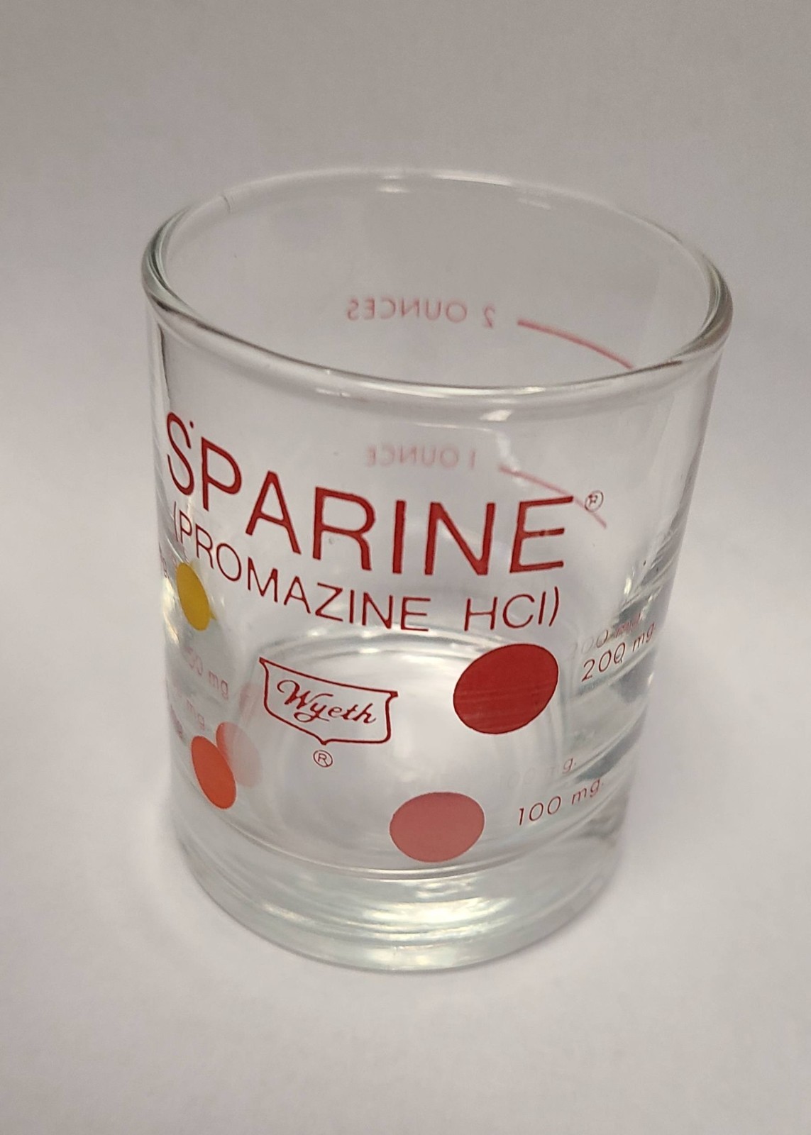 SPARINE WYETH Shot Glass Measuring Cup Vintage Red Dots 2 oz