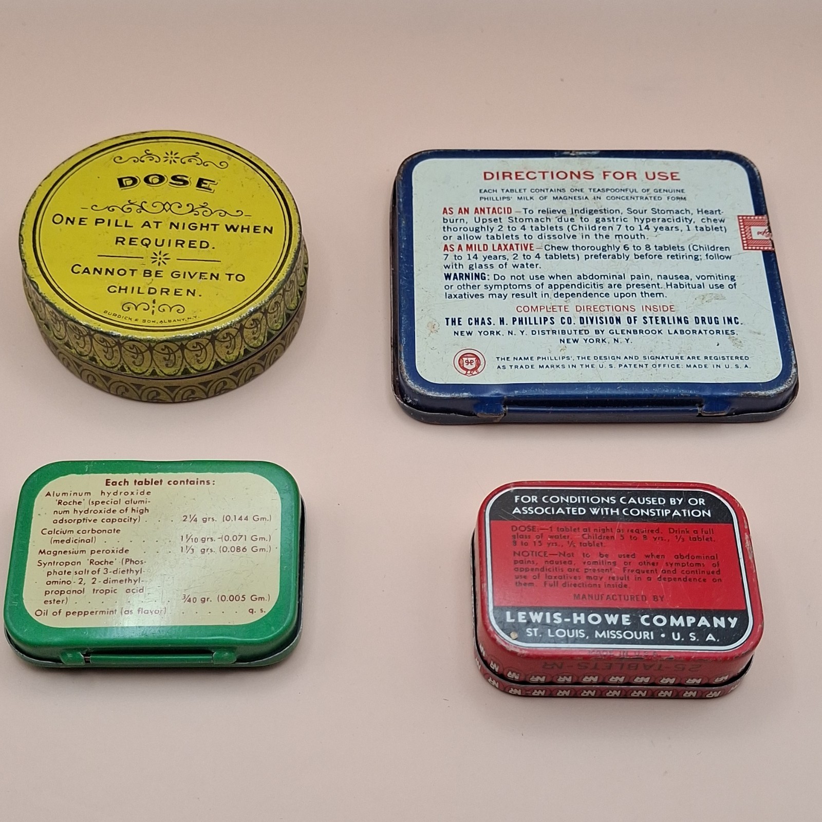 Pill tins lot 4 PHILLIPS Rheumatism gout SYNTROGEL w/pills antique vintage