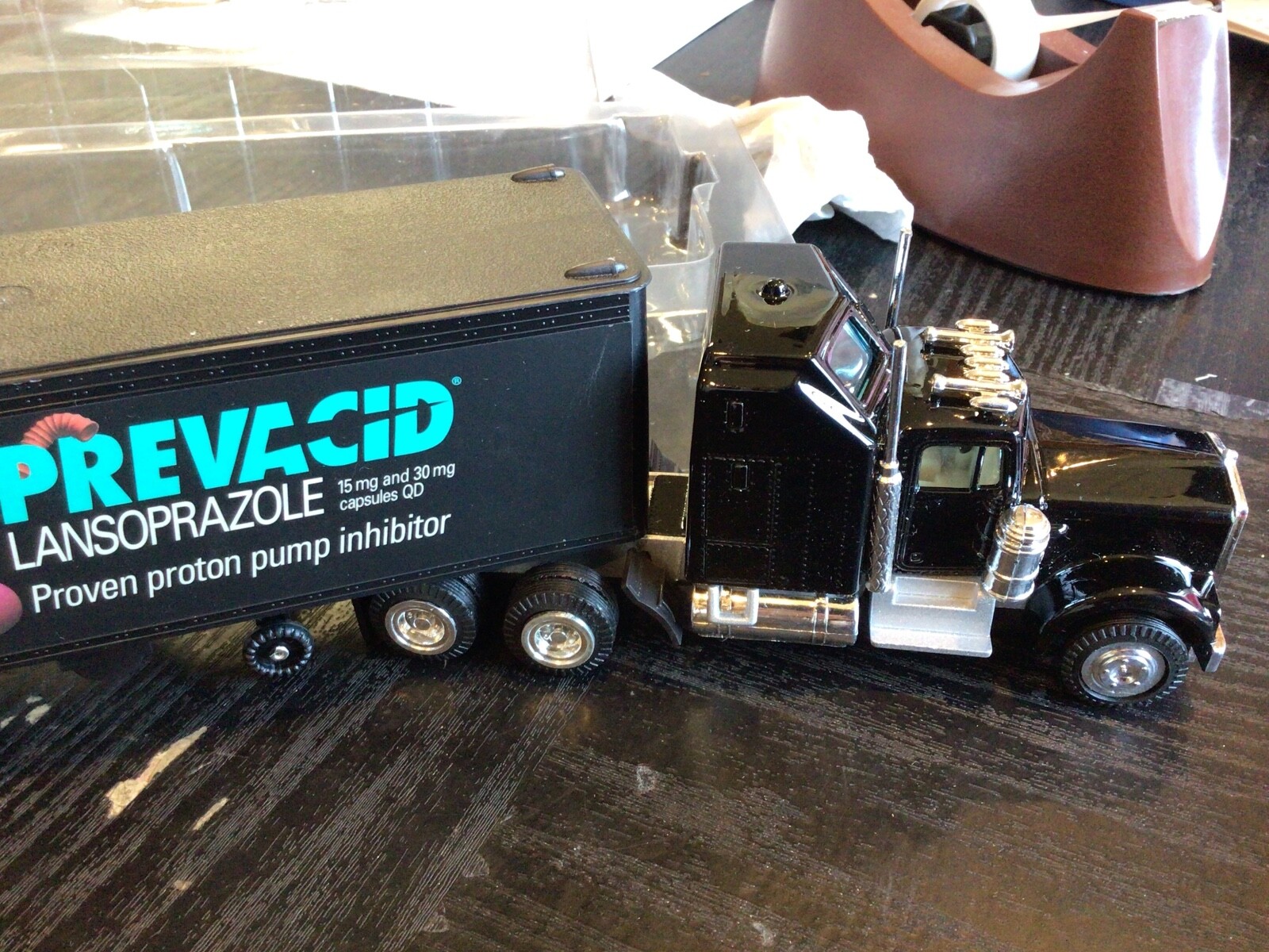 PREVACID ADVERTISING TOY TRACTOR TRAILER W TRUCK SHAPED BOX PHARMACEUTICAL