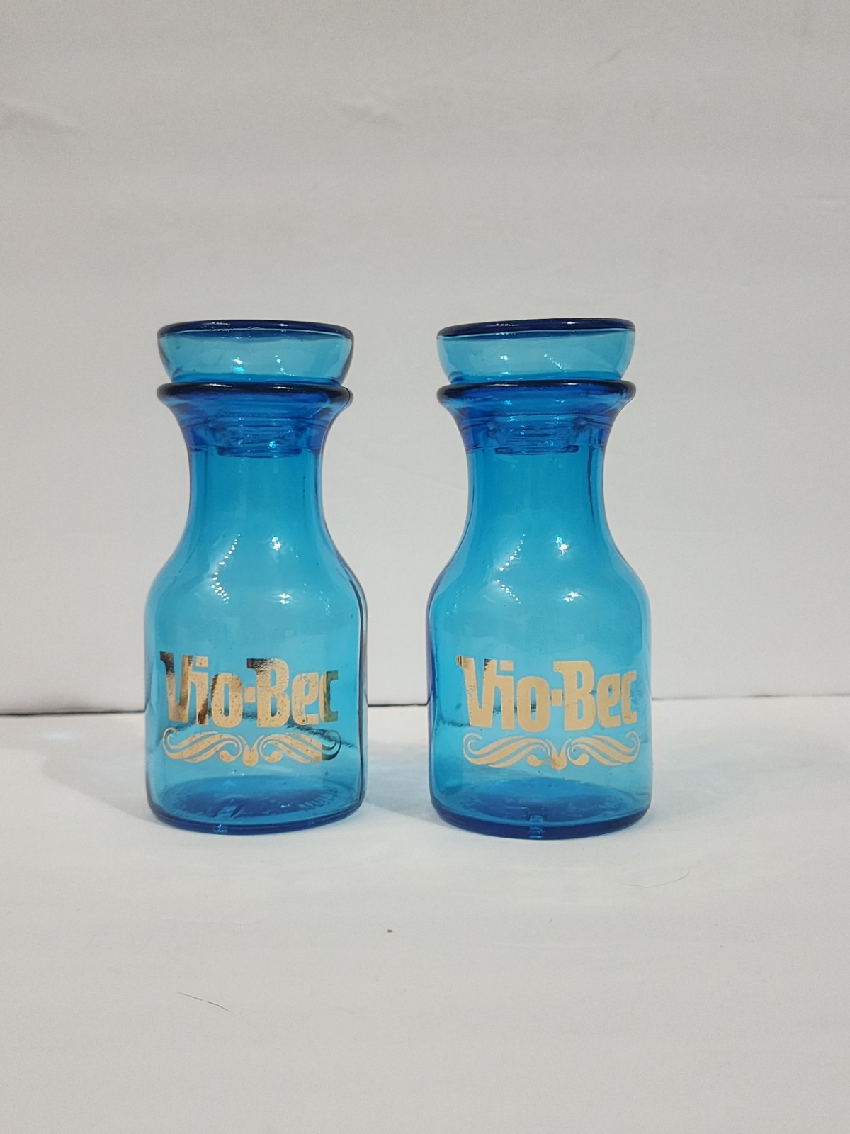 Vtg Set 2 Blue Glass Apothecary Jar Bottle Bubble Lid Belgium Gold Vio-Bec *Q