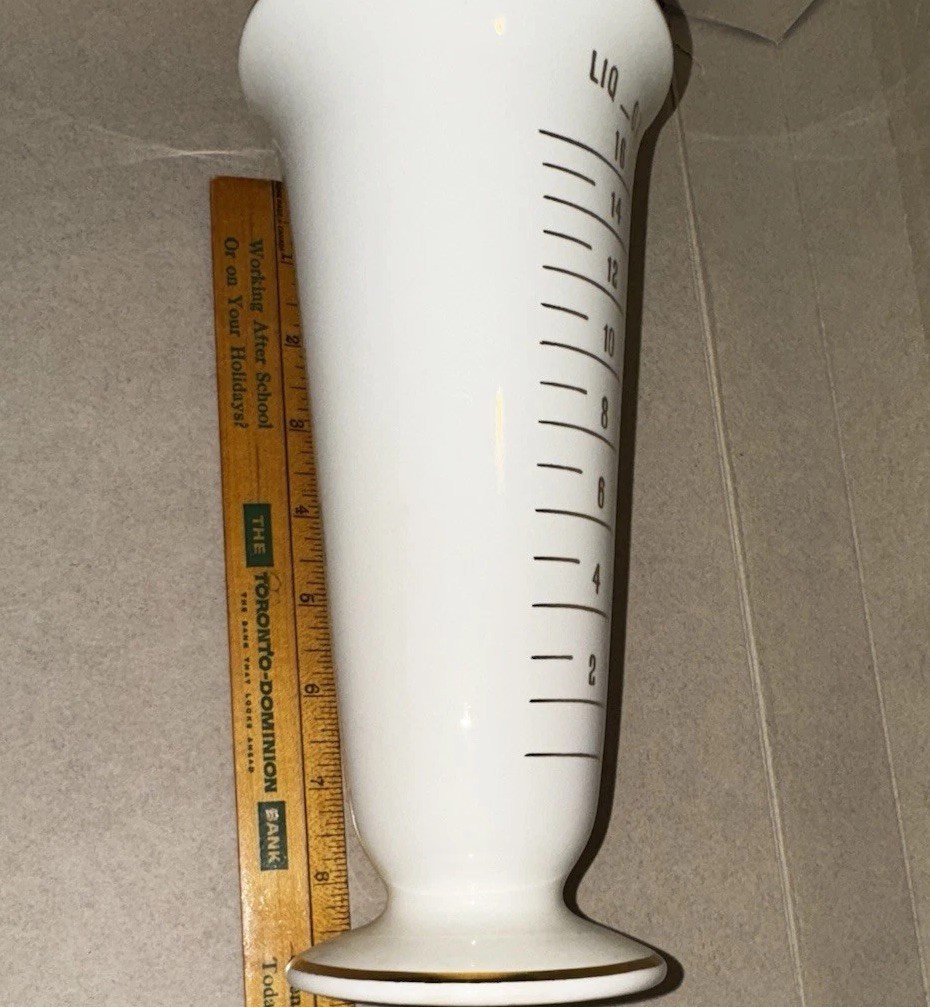 Vintage Owens Illinois Pharmacy Porcelain Measuring Cup Gold Trim 9″ Tall Beaker