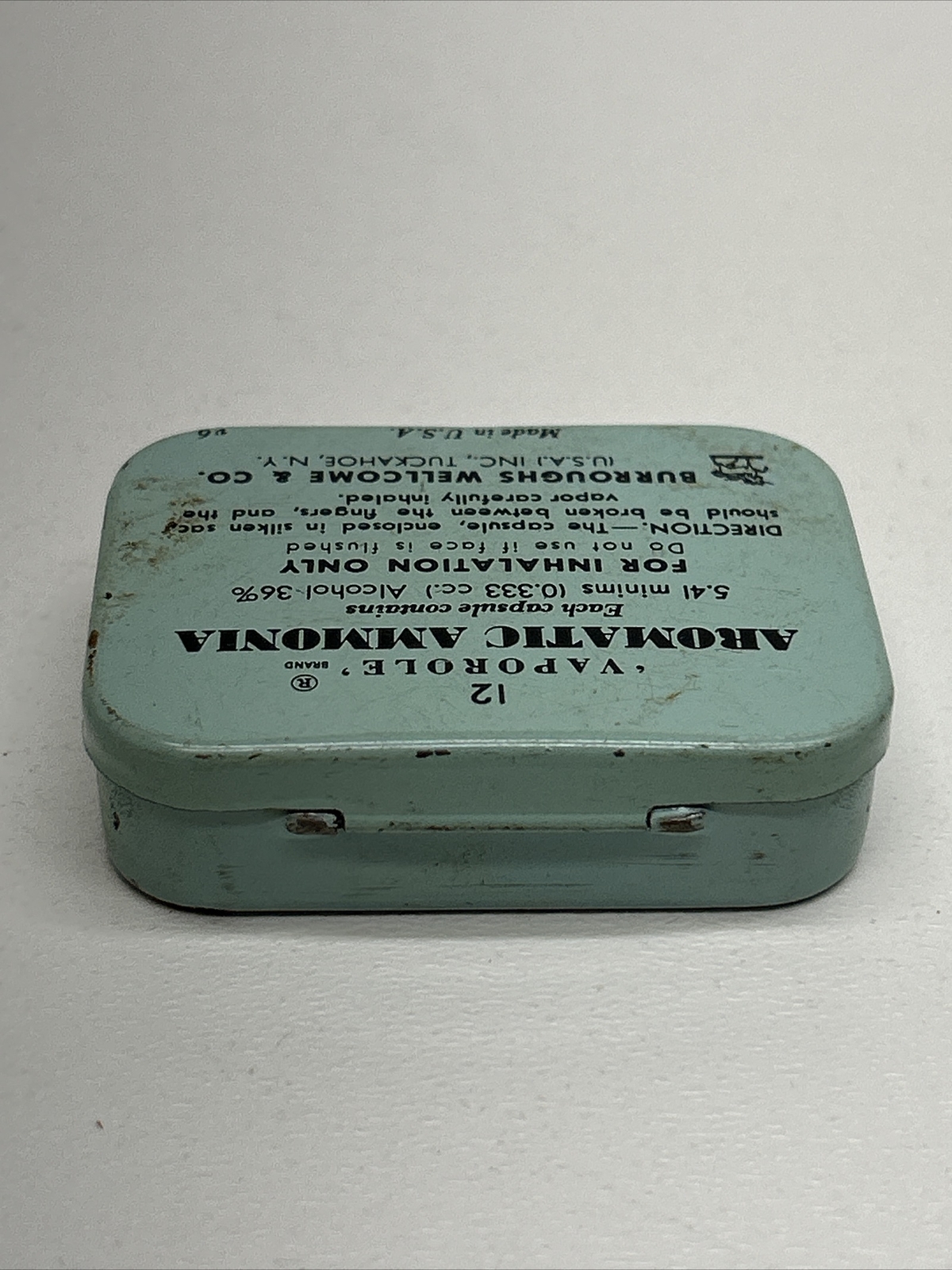 Vintage BURROUGHS WELLCOME & CO Vaporole Aromatic Ammonia Tin Can With Paper
