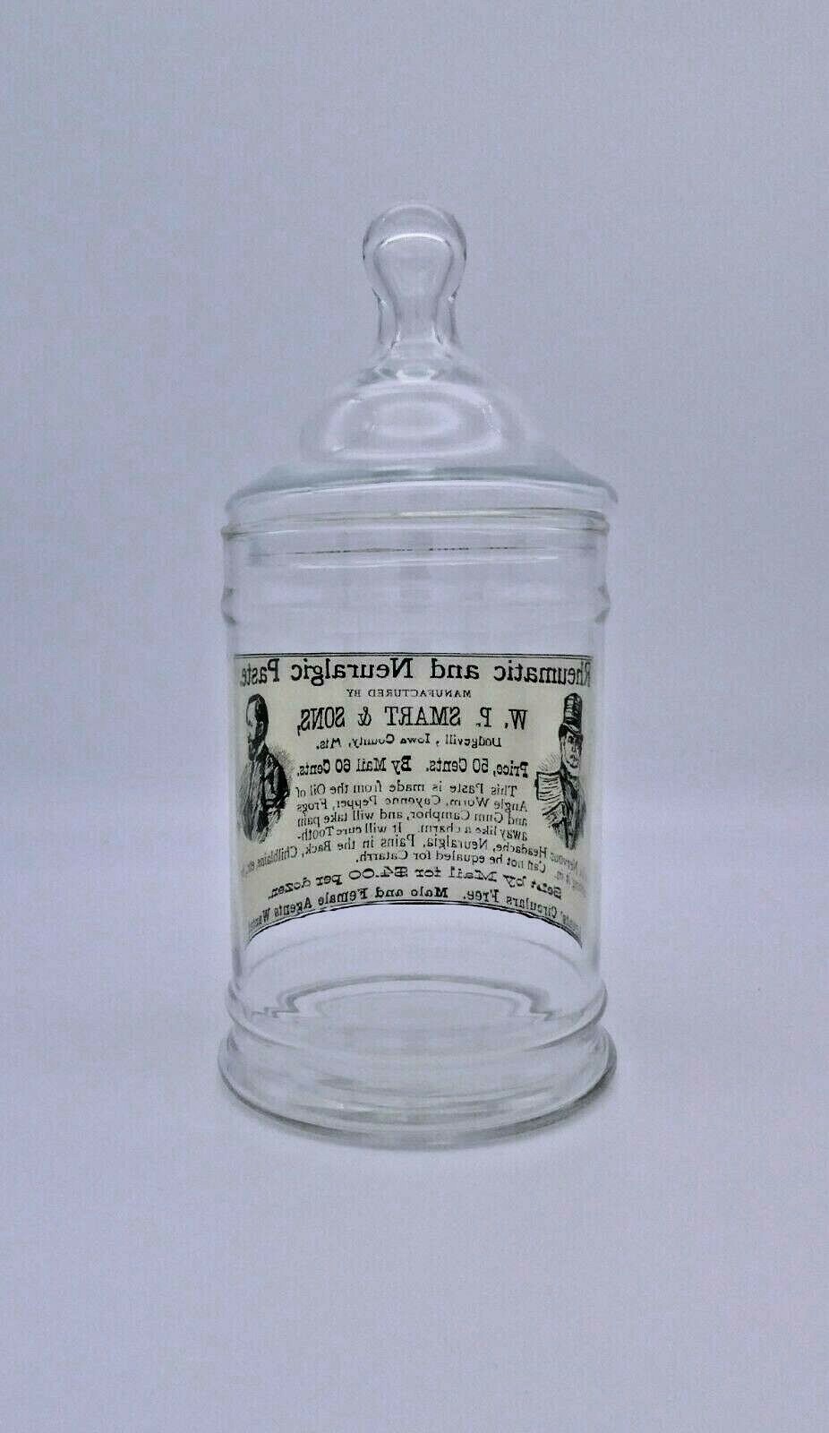 Vintage W.P. SMART & SONS Paste Medicine Glass Apothecary Jar Circus Tent Lid 8″