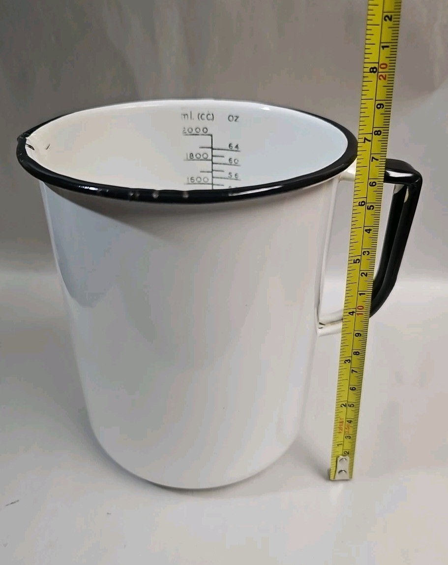 Vintage Enamelware Pitcher White Black Medical Measuring Cup 2000 cc 64 Oz. L@@K