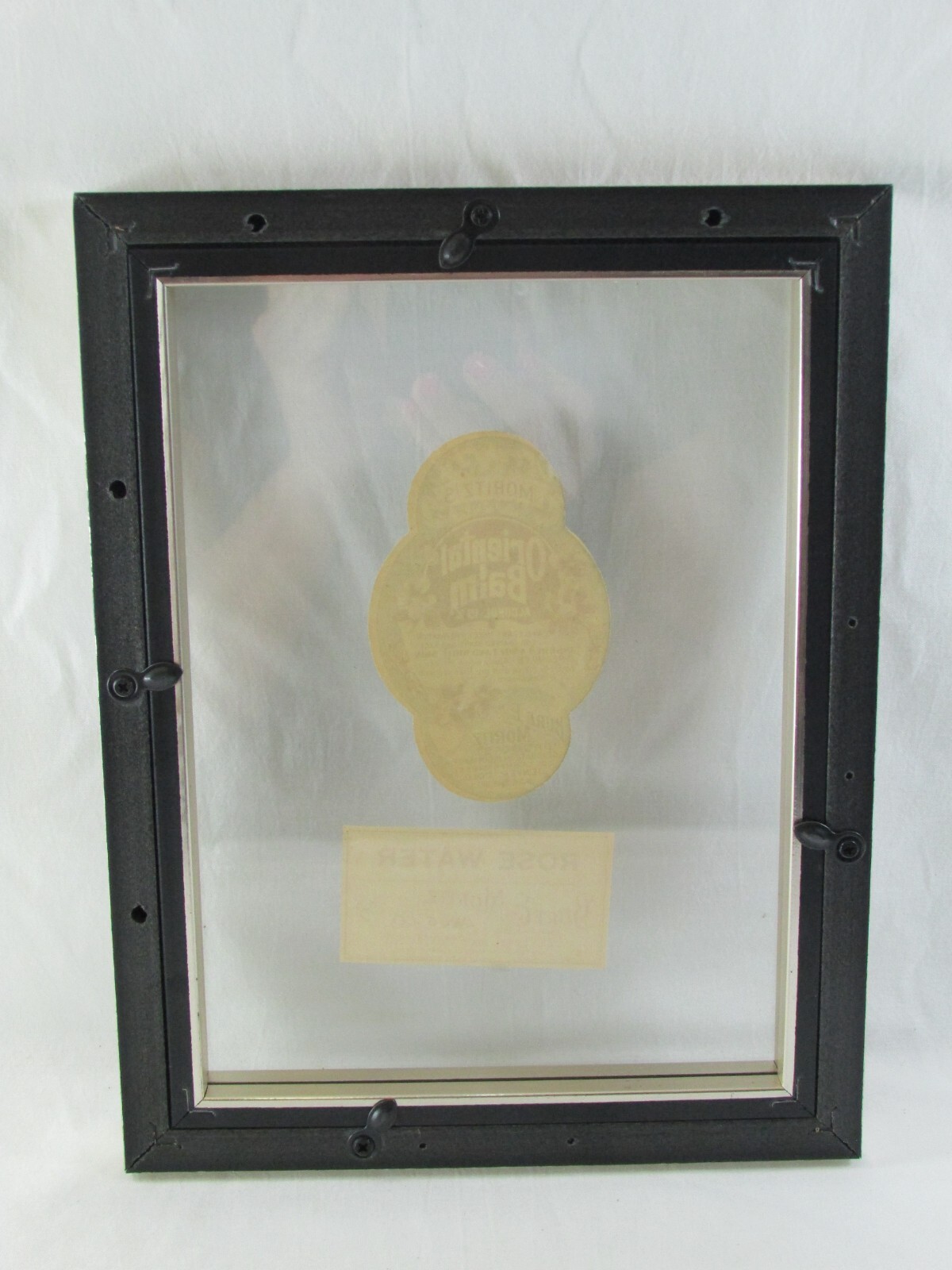Vintage Burt E. Moritz Druggist -Oriental Balm, Rose Water Bottle Labels & Frame