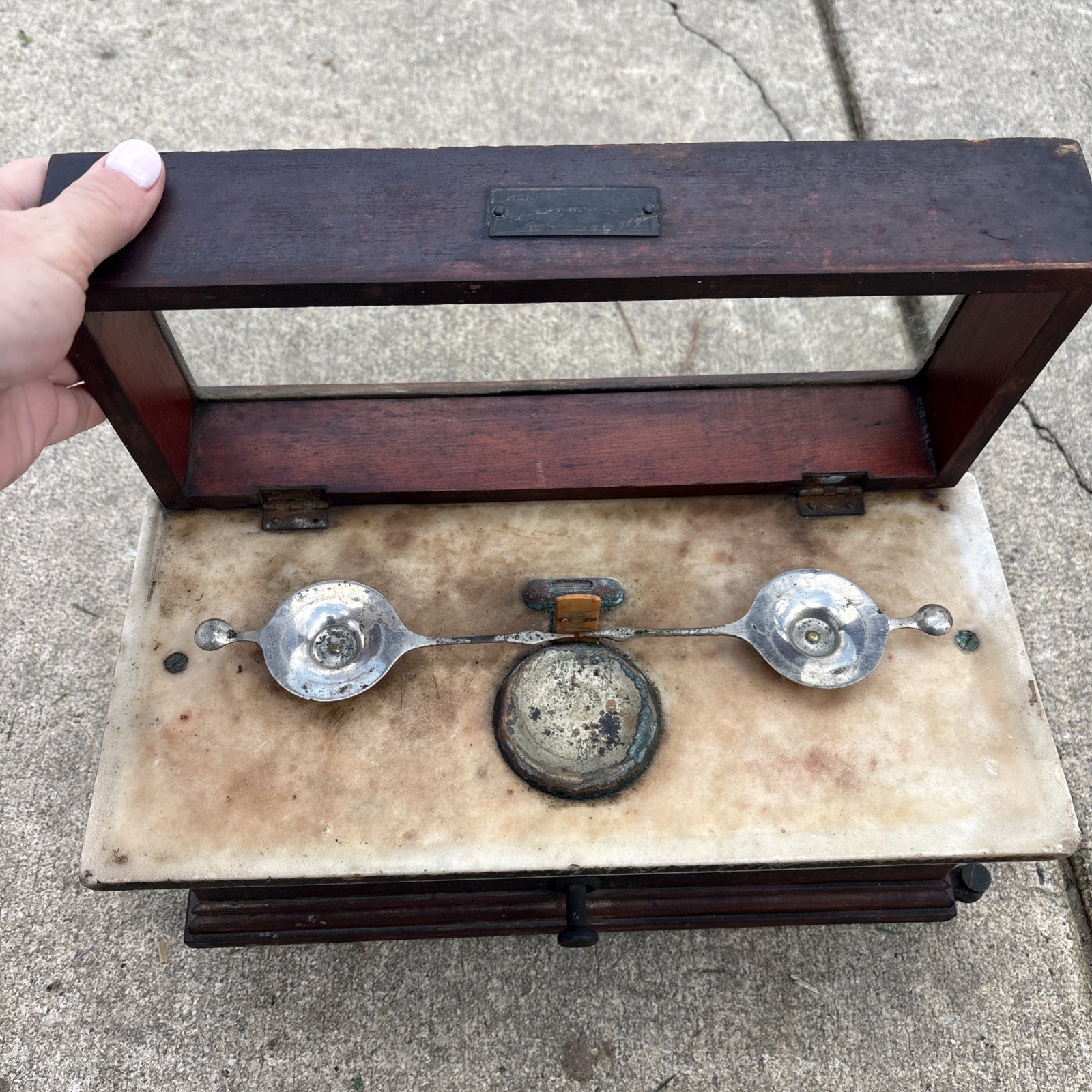 Antique Marble & Wood Apothecary Pharmacist Balance Gold Bouillon Scale Rustic