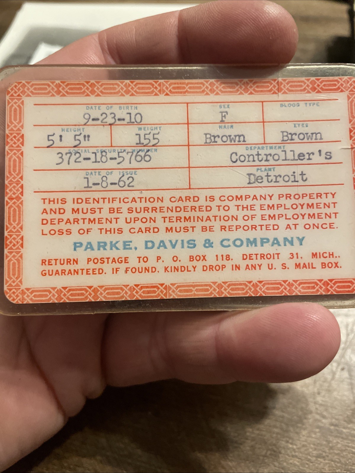 Rare Parke Davis And Company Employee ID Badge Medical Pharmaceutical 1960s