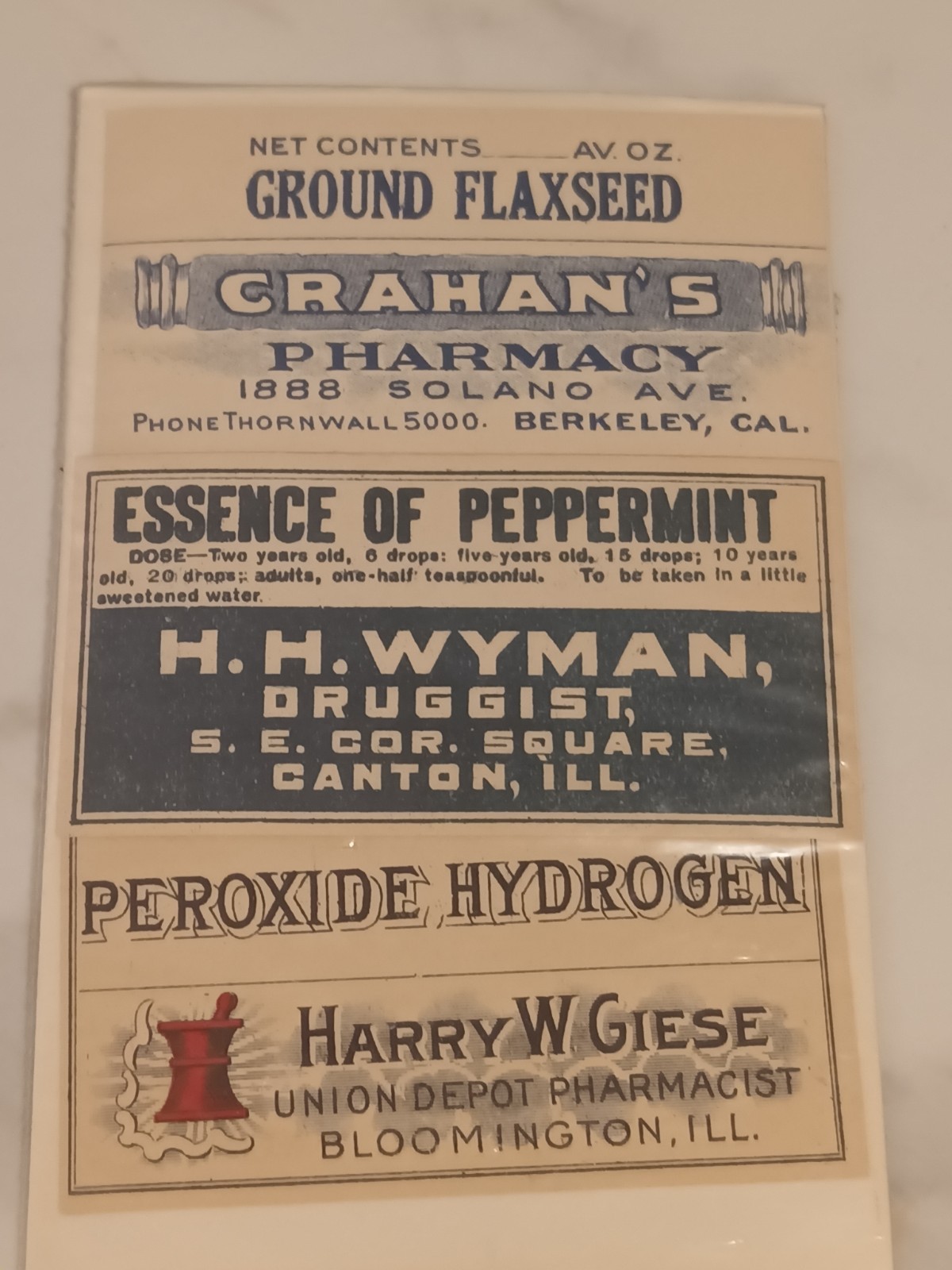 Vintage Essence Of Peppemint Pharmacy Bottle Label Bloomfield IL Harry Giese
