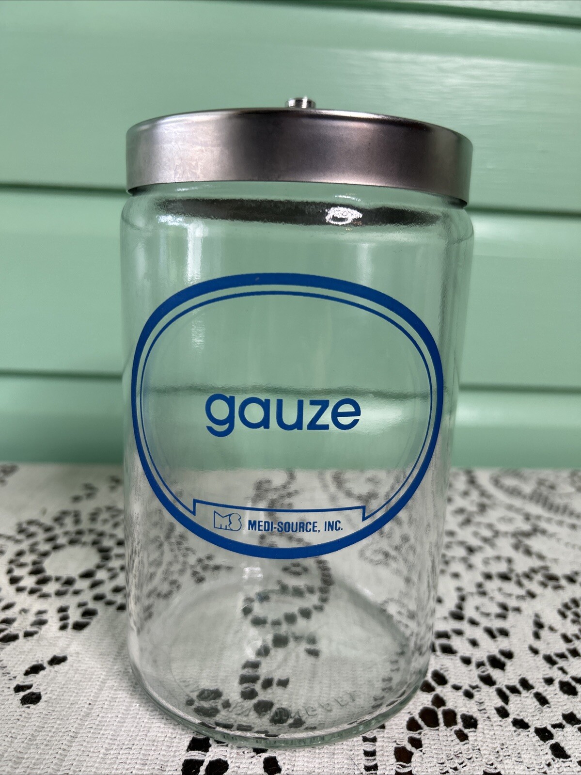 Grafco Medical Apothecary Glass Jar stainless Lid blue letters Gauze