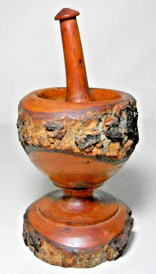 VINTAGE WOOD WITH BARK MORTAR & PESTLE SET