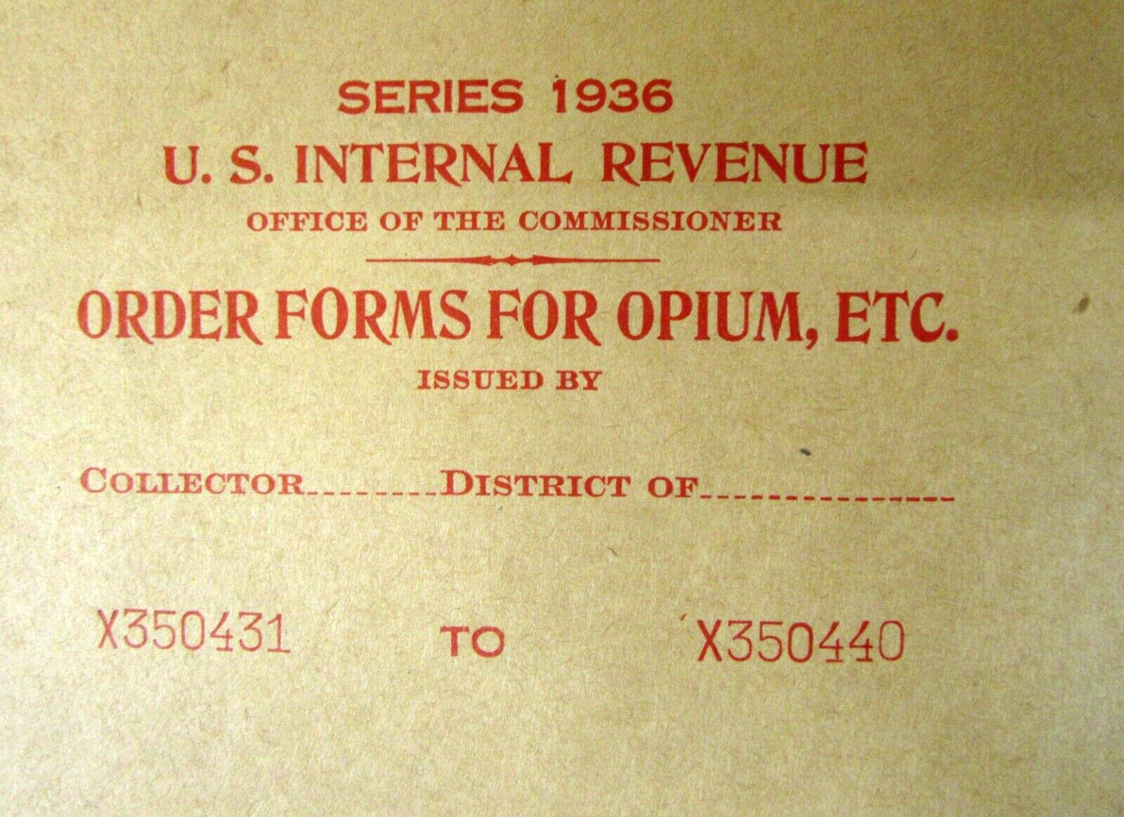 Series 1936 U.S. Internal Revenue OPIUM ORDER FORMS book from 1949 wb