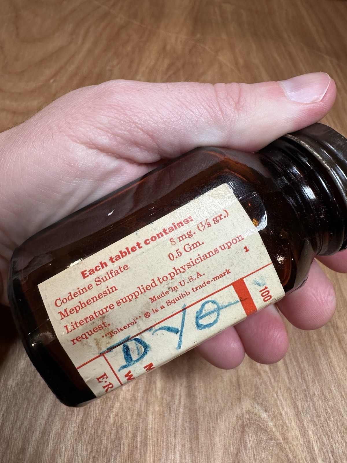 Vintage Pill Bottle Tolserol With Codeine Empty Bottle Narcotic Squibb 100