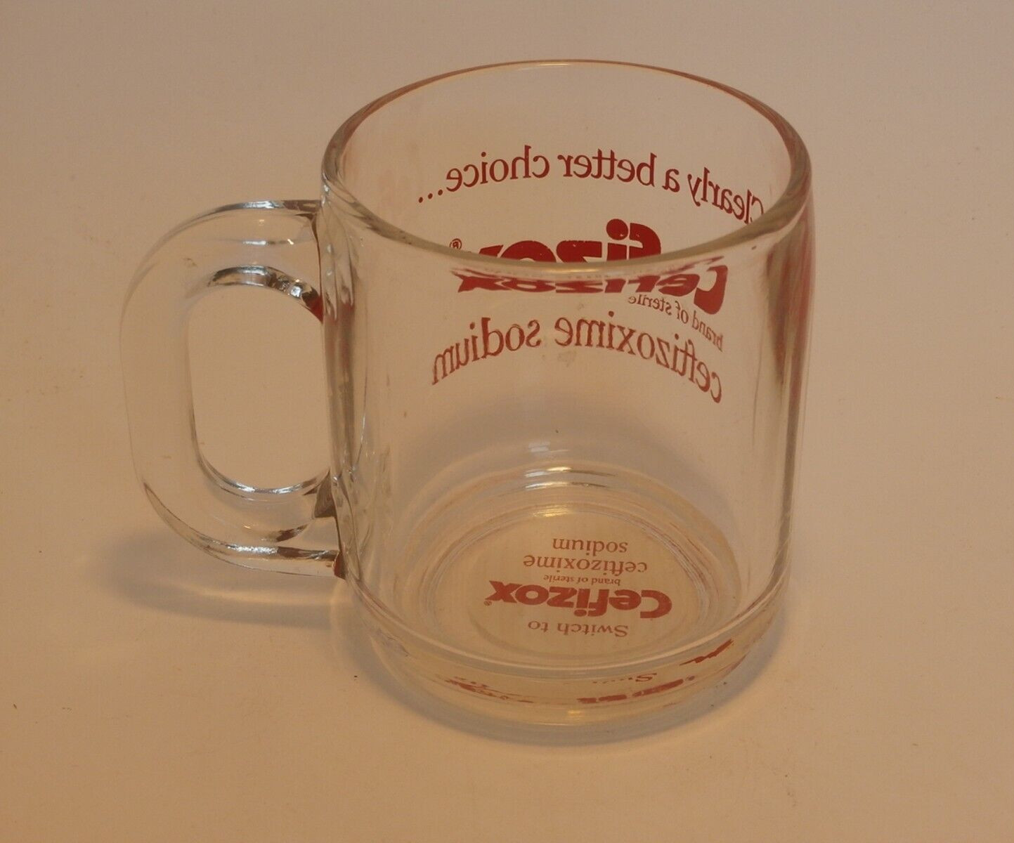 Pharmaceutical Drug Rep Clear Glass w/ Red Letters Coffee Cup CEFIZOX Antibiotic