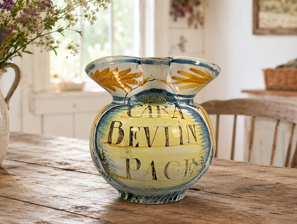 Italian Majolica Pharmacy Jug Polychrome, Mangonese & Yellow 19thC Delft Faience