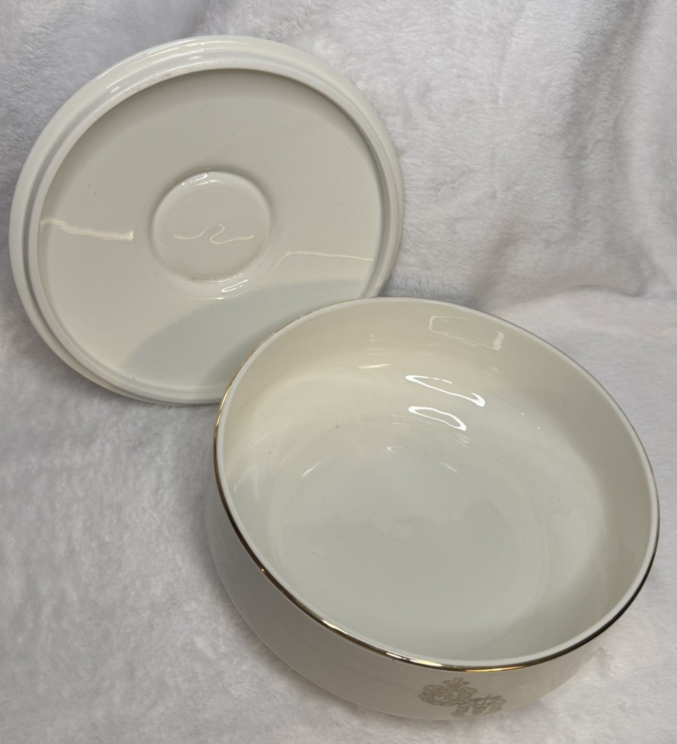 Vintage Apothecary RX Pharmacy Covered Dish Medical Crest Lidded Bowl Gold Trim