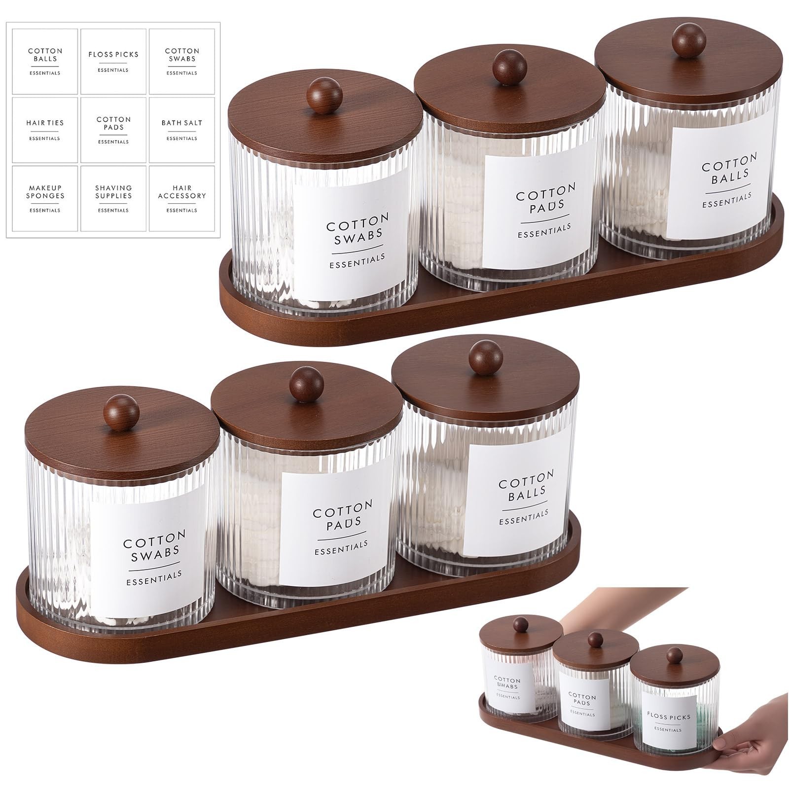 Vesici 6 Pack Bathroom Canisters Ribbed Apothecary Jars with Bamboo Lids 2 Ba…