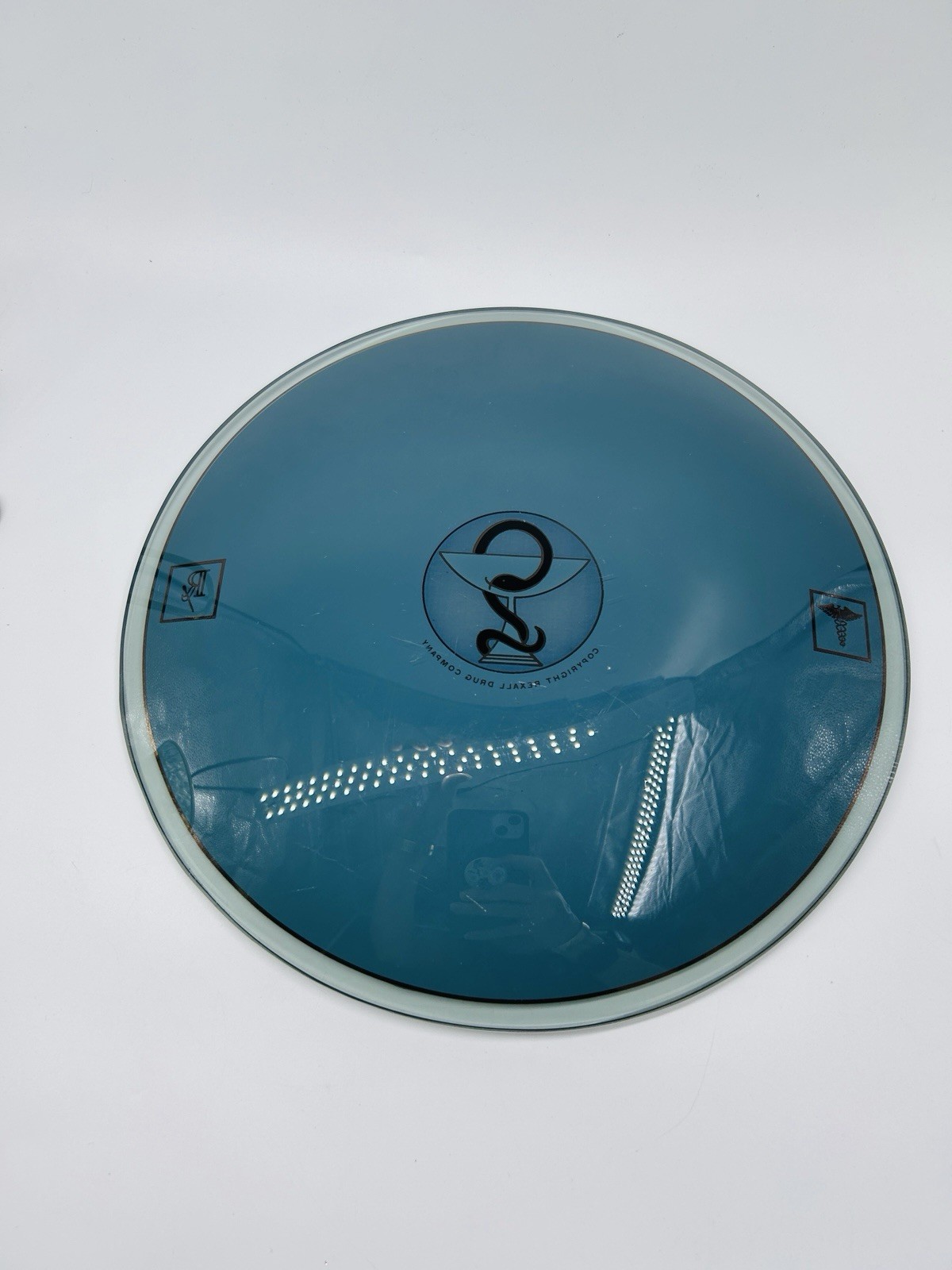 Vintage Rexall Drug Co Glass Tray Dish Plate Pharmacy Turquoise Gold 9.5”