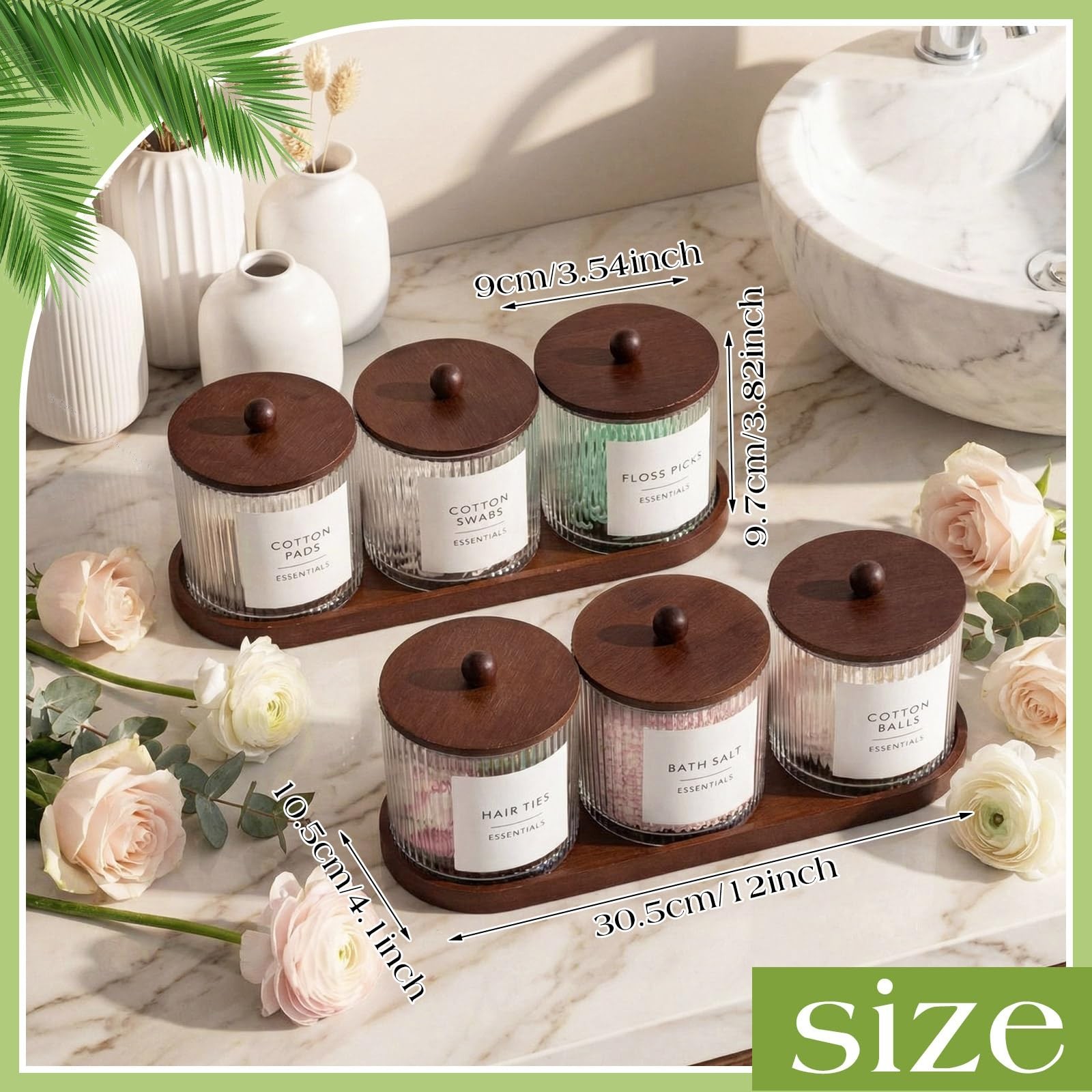 Vesici 6 Pack Bathroom Canisters Ribbed Apothecary Jars with Bamboo Lids 2 Ba…