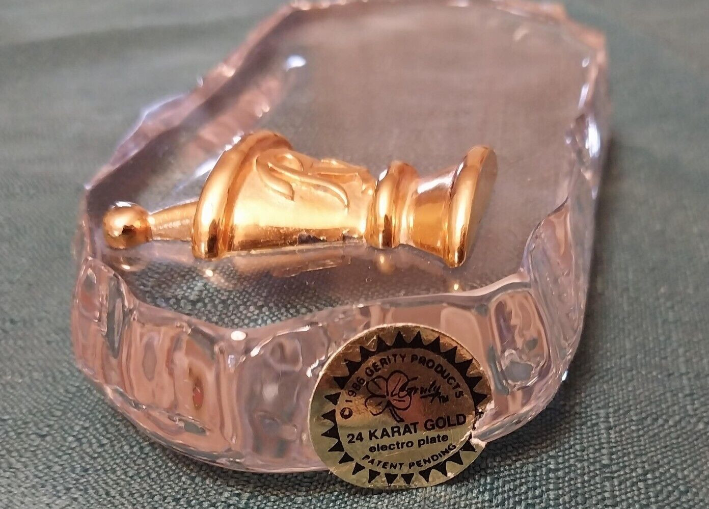 Vintage 1986 Electro Plate Paperweight w/24 Karat Gold Rx Mortar & Pestle Oblong