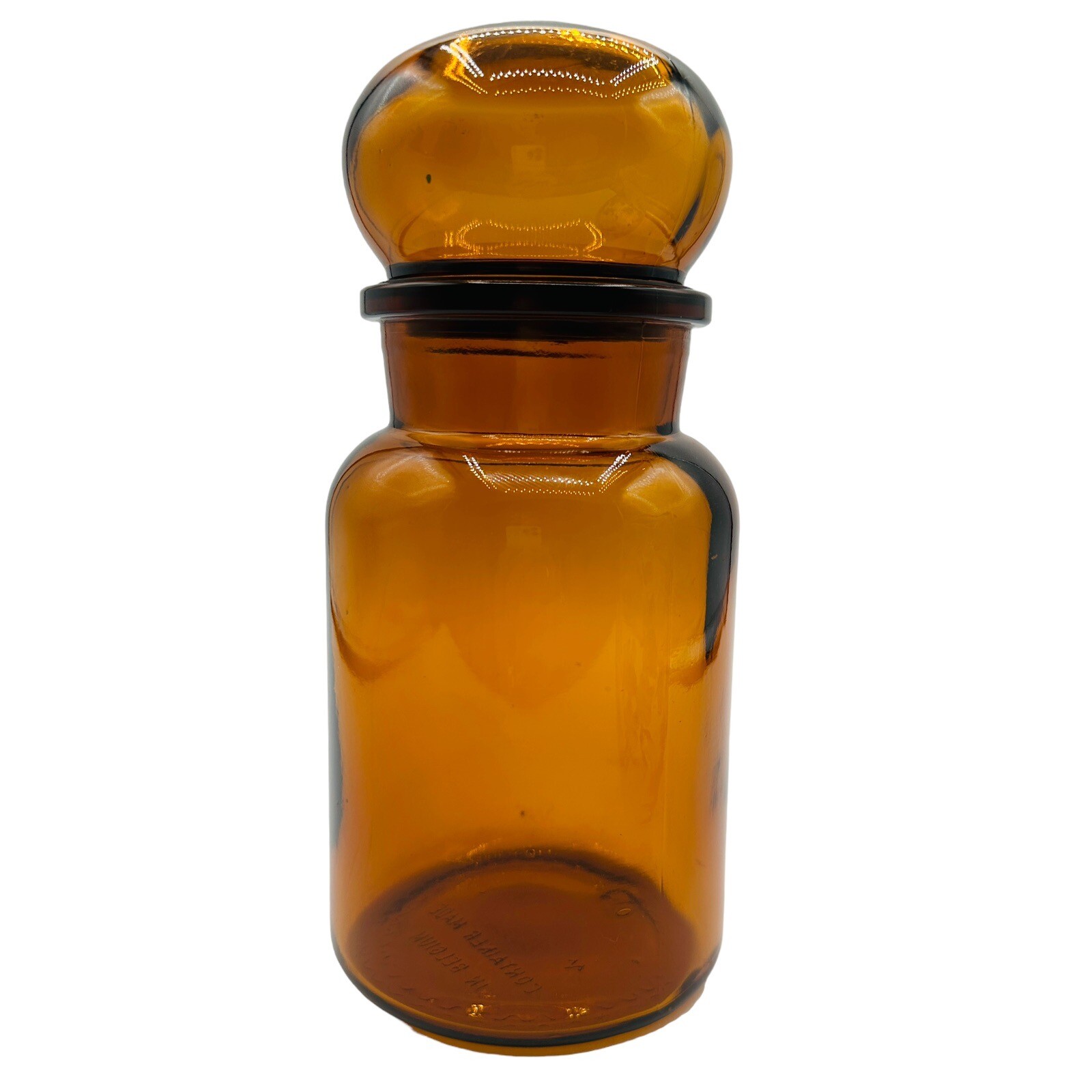 Vintage Amber Brown Apothecary Jar & Hollow Sealed Stopper Made In Belgium