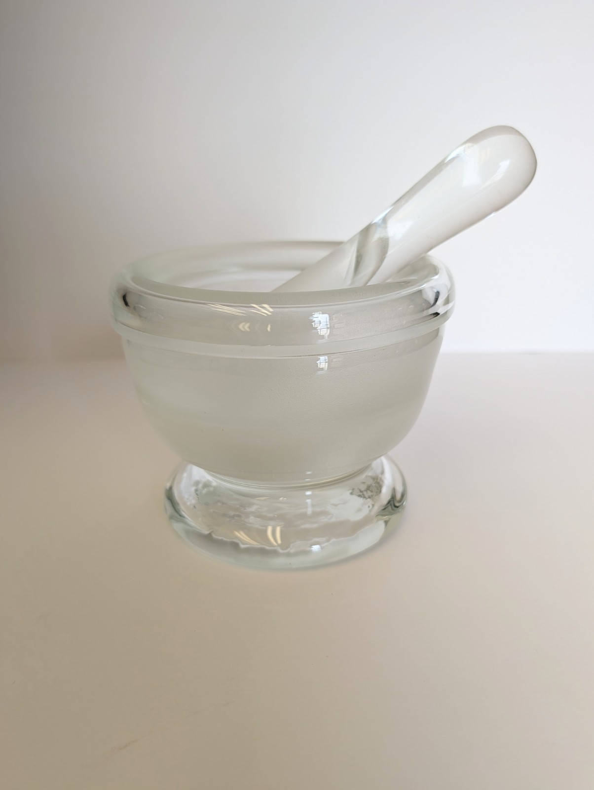Heavy Clear /Satin Glass Mortar & Pestle Set Hand‑Blown 1940s VTG