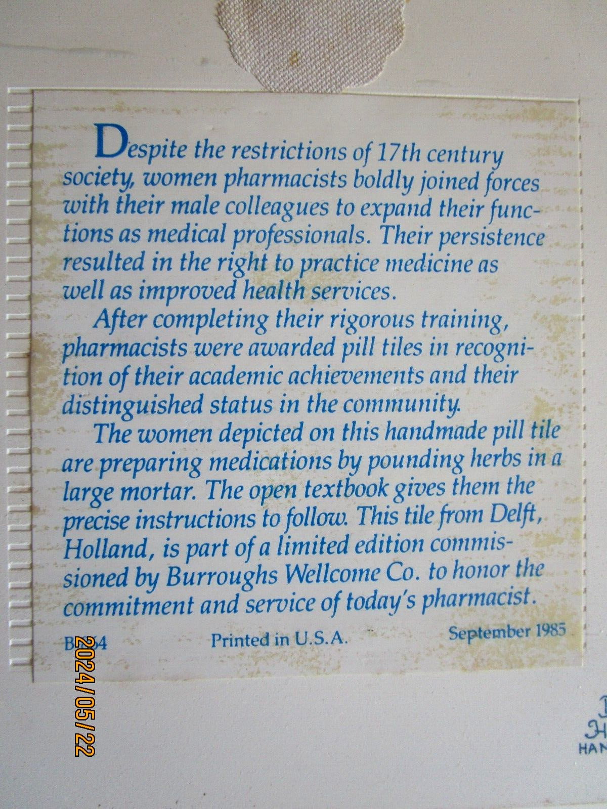 1980’sHandmade Delft Holland PHARMACIST TILES Ltd, Edition Set of 4