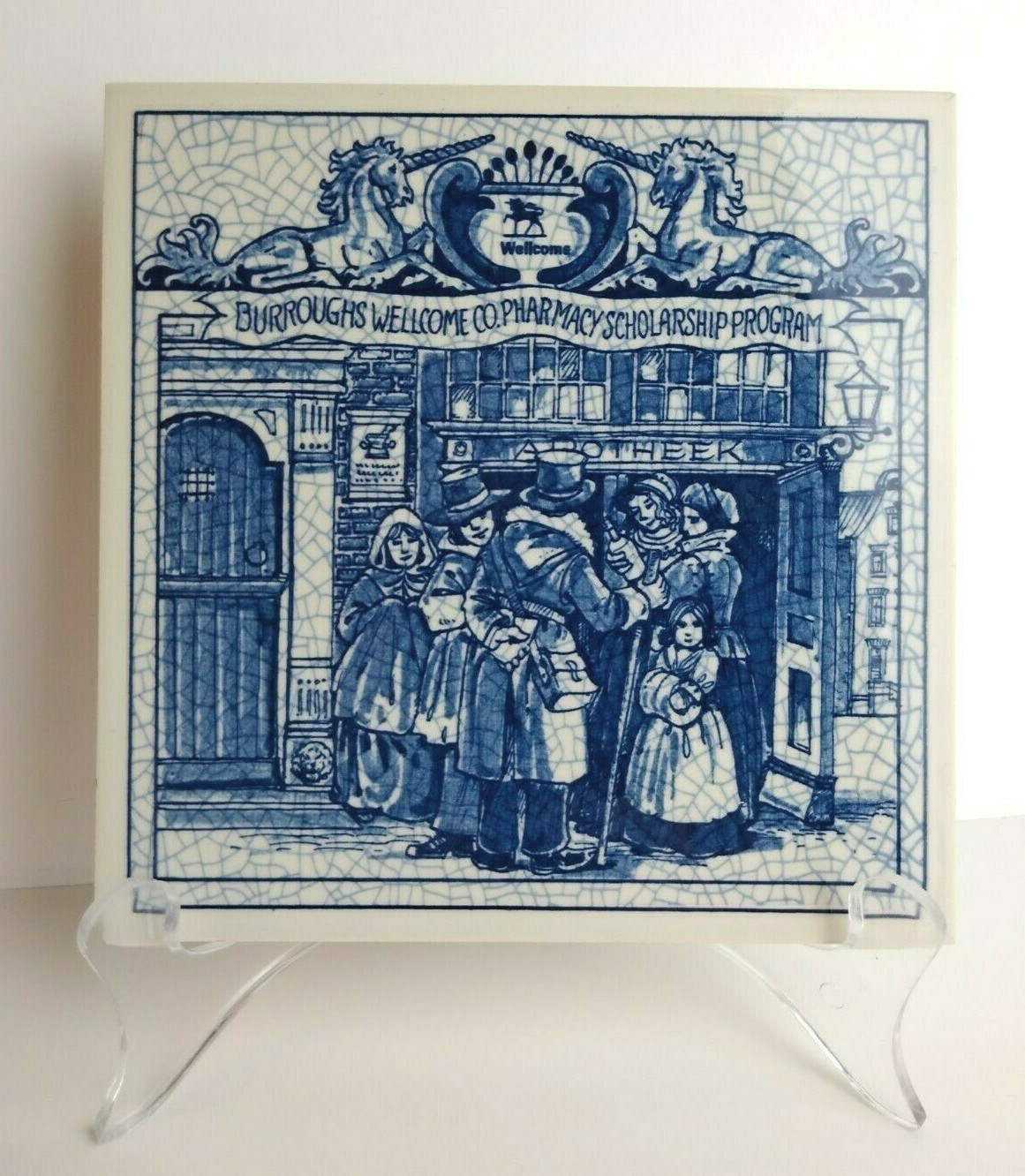 Vintage Blue Delfts tile Burroughs Wellcome Co Pharmacy scholarship program 1992