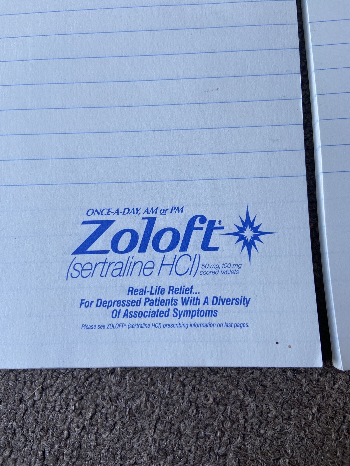 Zoloft 2 Full Size Note Pad Pharmaceutical Drug Rep Collectible Promo Unique 🌞